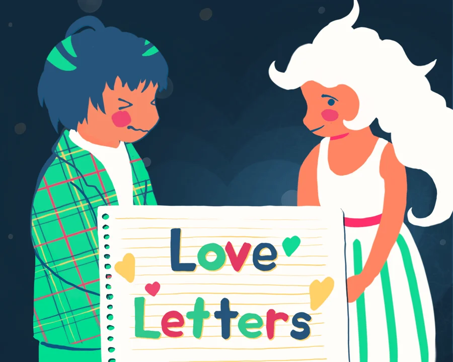 Love Letters cover: two illustrated characters holding a notebook with a colorful title