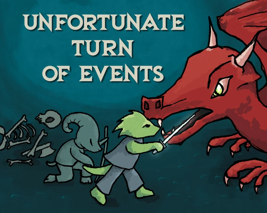 Unfortunate Turn of Events cover: a small sword-wielding creature facing a red dragon