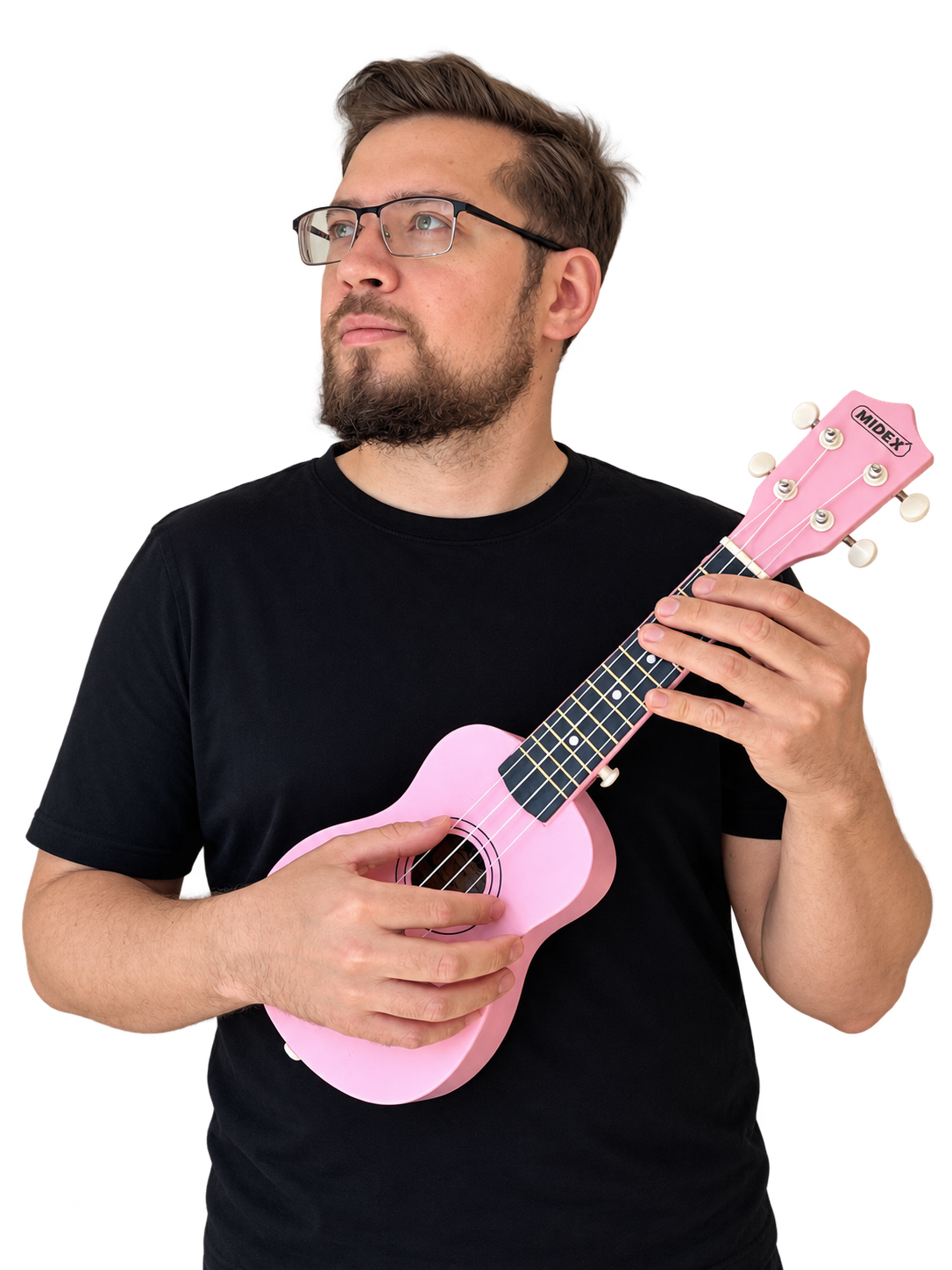 Nikita Melnikov wearing glasses and holding a pink ukulele